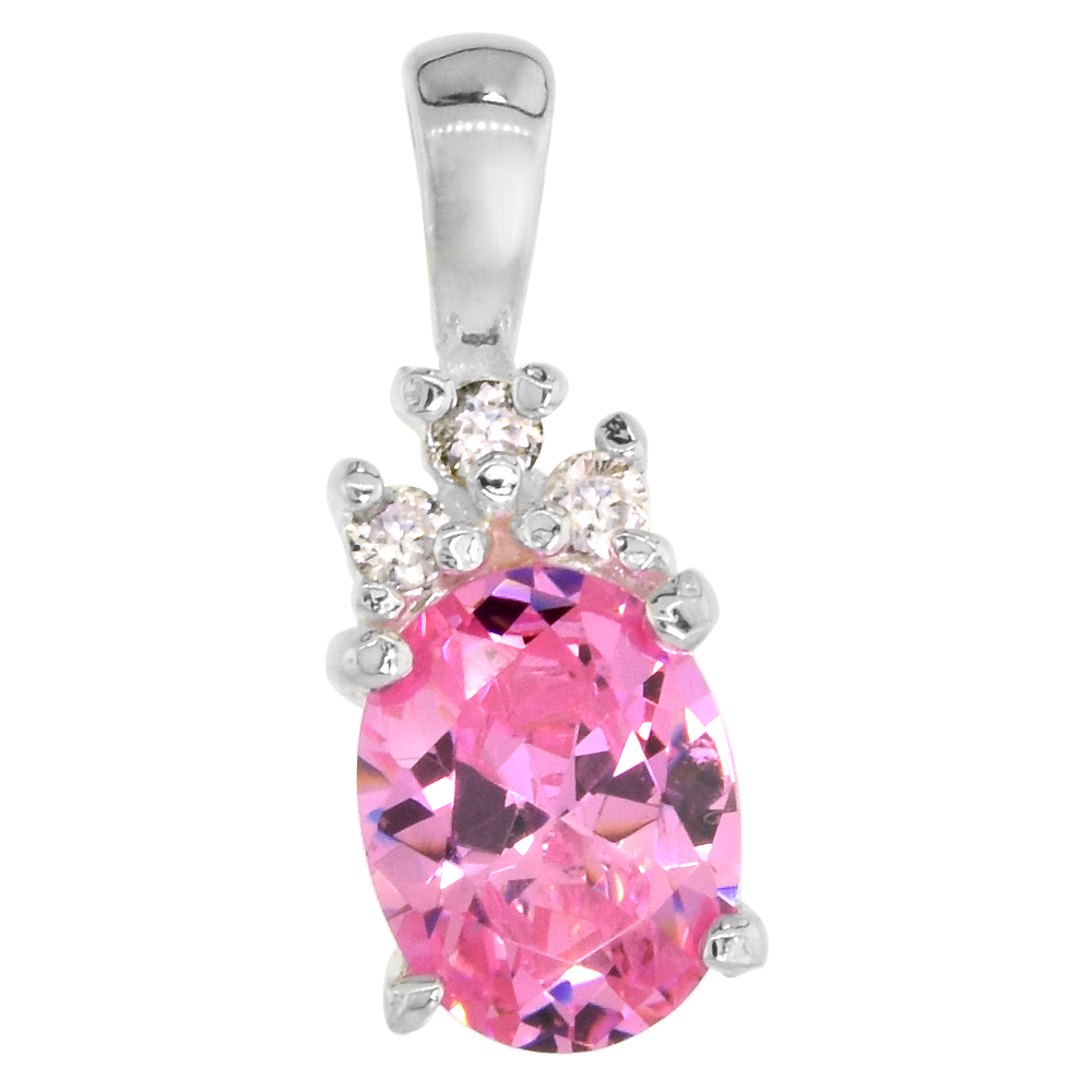 STERLING SILVER CUBIC ZIRCONIA OCTOBER BIRTHSTONE NECKLACE 9X7MM OVAL PINK STONE & BRILLIANT CUT CLEAR STONES, W/ 18" THIN BOX CHAIN