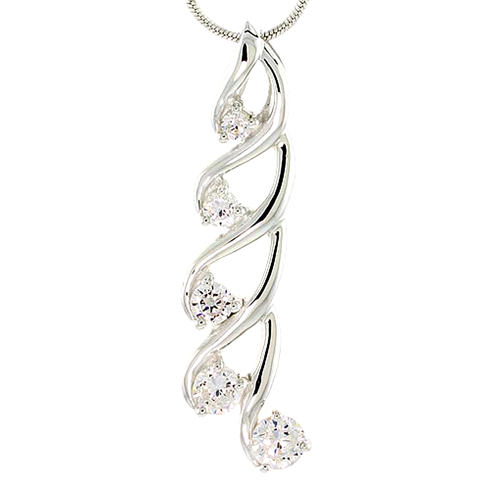 STERLING SILVER SWIRL DESIGN GRADUATED JOURNEY PENDANT W/ 5 CZ STONES, 1 1/2" (37MM) TALL