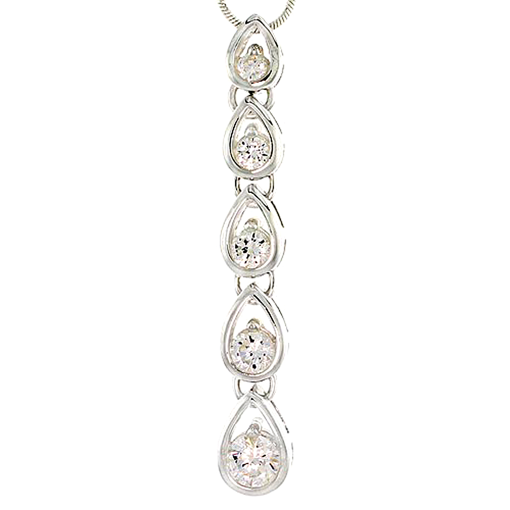 STERLING SILVER PEAR LINK GRADUATED JOURNEY PENDANT W/ 5 CZ STONES, 1 15/16" (49MM) TALL