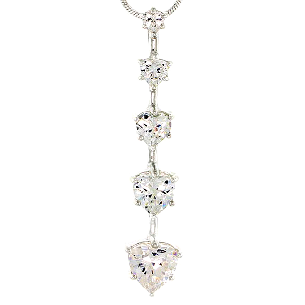 STERLING SILVER GRADUATED JOURNEY PENDANT W/ 5 HEART-SHAPED HIGH QUALITY CZ STONES, 1 5/8" (42 MM) TALL