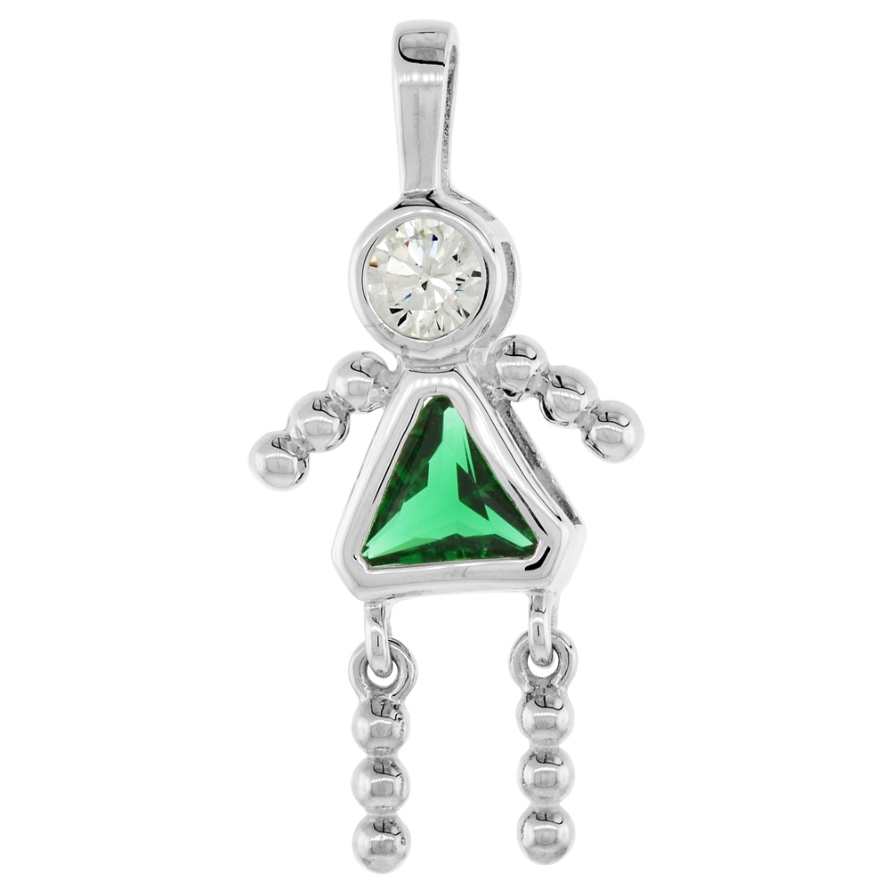 STERLING SILVER BIRTHSTONE CHARM MAY BABY BRAT GIRL EMERALD COLOR CUBIC ZIRCONIA
