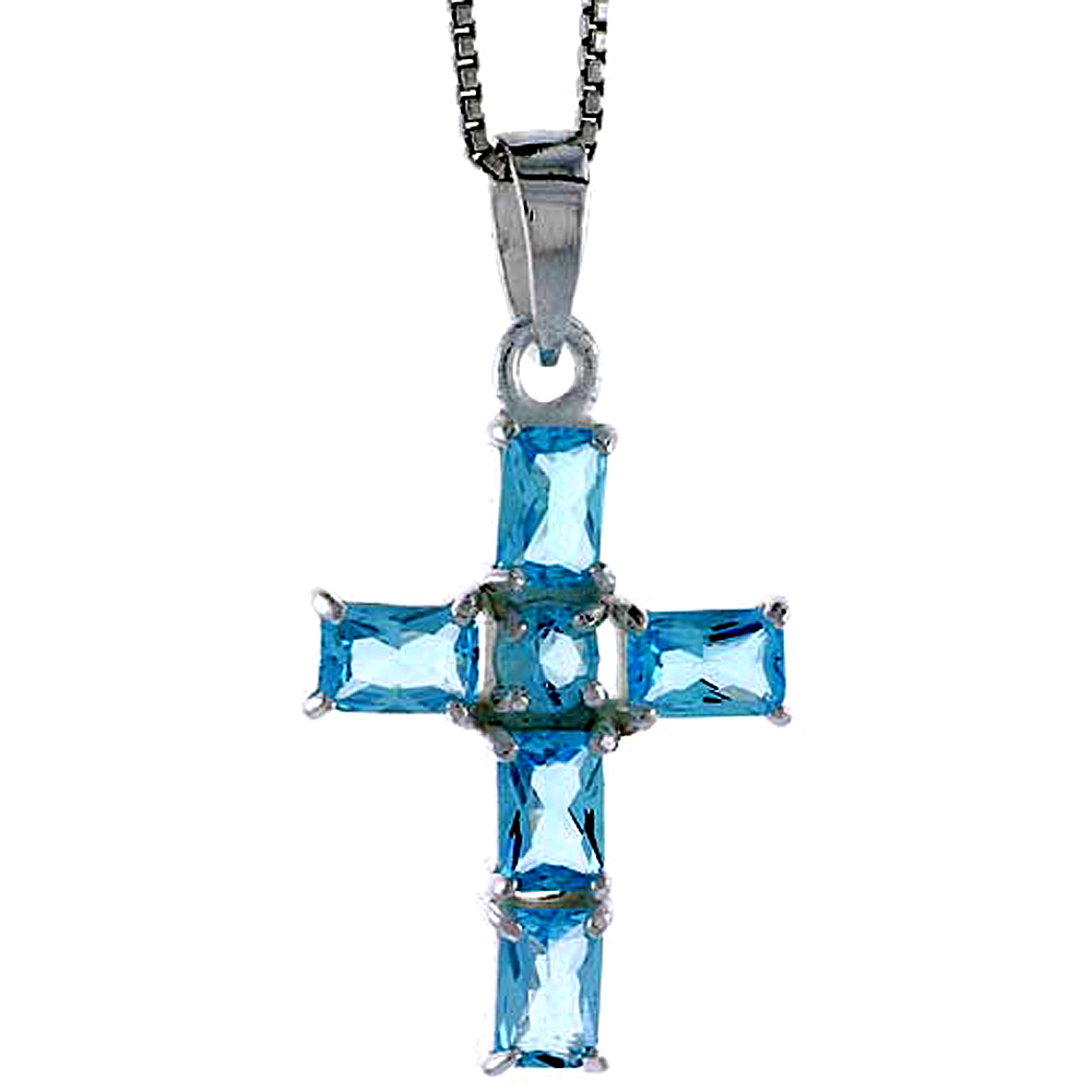 HIGH POLISHED STERLING SILVER 1 1/8" (29 MM) TALL CROSS PENDANT, W/ ONE 4MM BRILLIANT CUT & FIVE 6X4MM EMERALD CUT BLUE TOPAZ-COLORED CZ STONES, W/ 18" THIN BOX CHAIN