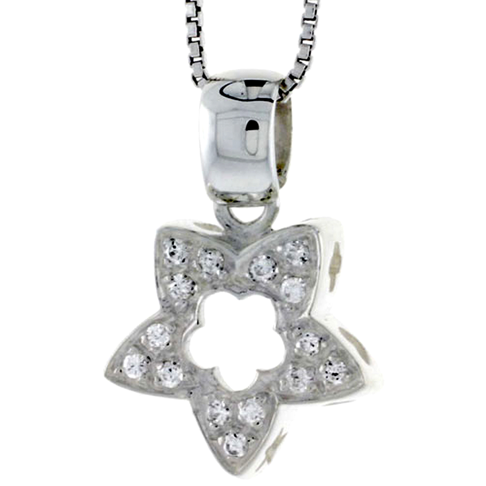 HIGH POLISHED STERLING SILVER 11/16" (17 MM) TALL STARFISH CUT OUT PENDANT, W/ BRILLIANT CUT CZ STONES, W/ 18" THIN BOX CHAIN