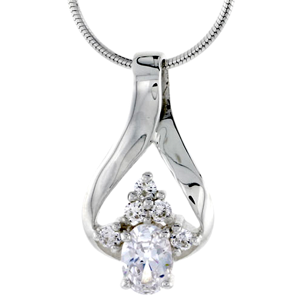 HIGH POLISHED STERLING SILVER 15/16" (24 MM) TALL CLUSTER PENDANT SLIDE, W/ ONE 7X5MM OVAL CUT & FIVE 2MM BRILLIANT CUT CZ STONES, W/ 18" THIN BOX CHAIN