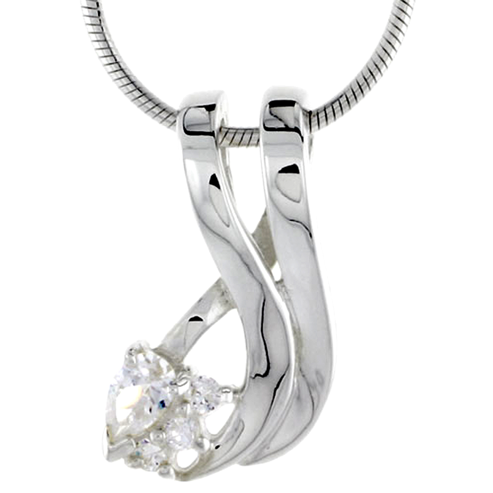 HIGH POLISHED STERLING SILVER 3/4" (19 MM) TALL FREEFORM PENDANT SLIDE, W/ ONE 6X3MM PEAR CUT & THREE 1.5MM BRILLIANT CUT CZ STONES, W/ 18" THIN BOX CHAIN