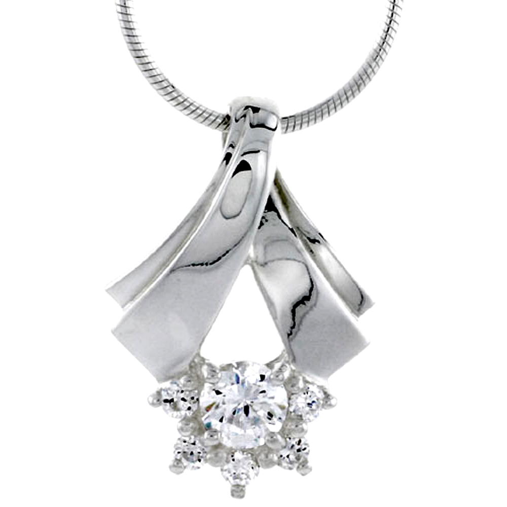 HIGH POLISHED STERLING SILVER 7/8" (23 MM) TALL CLUSTER PENDANT SLIDE, W/ ONE 5MM & FIVE 2MM BRILLIANT CUT CZ STONES, W/ 18" THIN BOX CHAIN