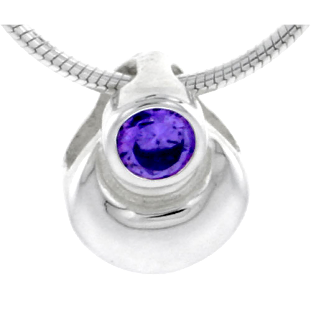 HIGH POLISHED STERLING SILVER 3/8" (10 MM) TALL PEAR-SHAPED PENDANT, W/ 3MM AMETHYST-COLORED BRILLIANT CUT CZ STONE, W/ 18" THIN BOX CHAIN