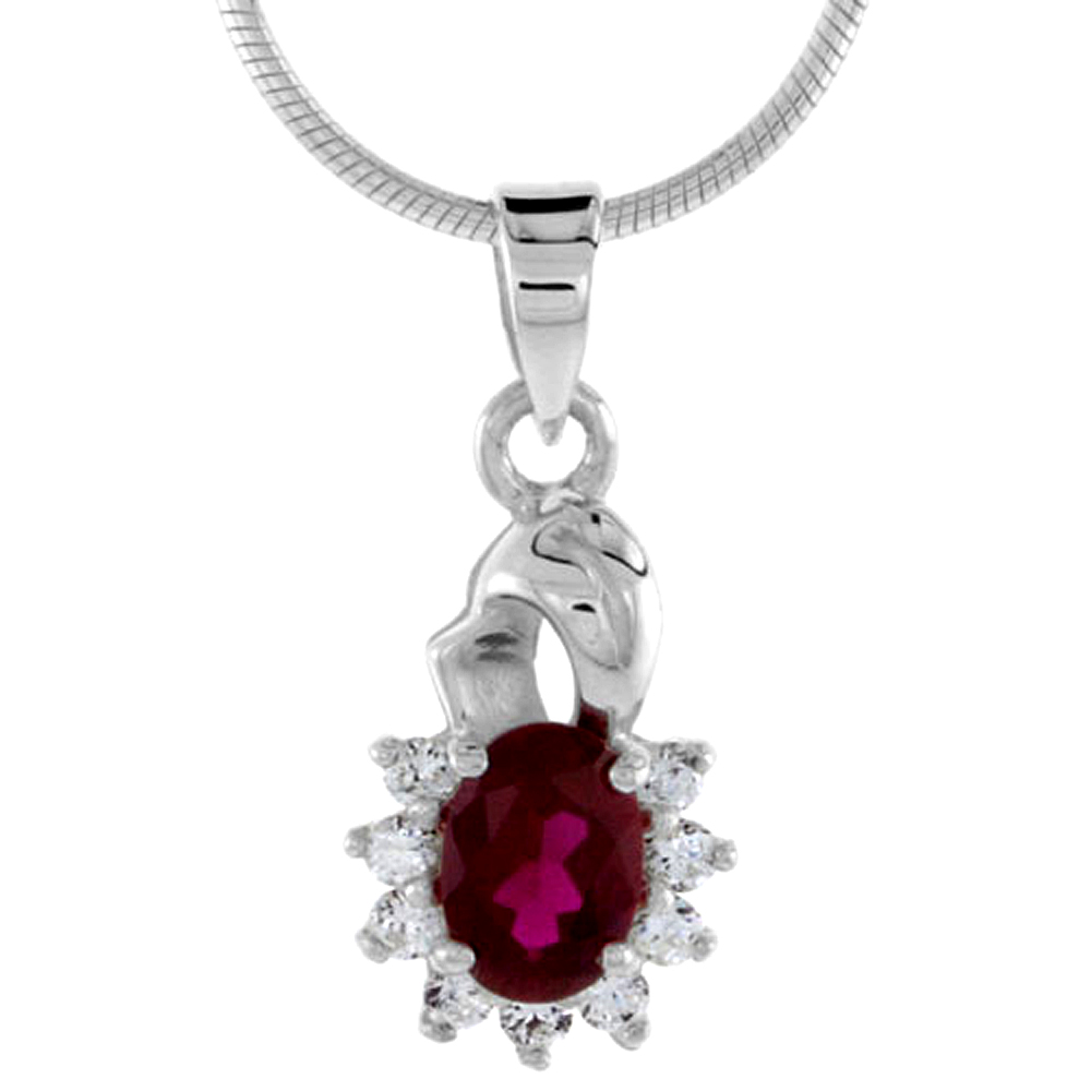 HIGH POLISHED STERLING SILVER 11/16" (17 MM) TALL CLUSTER PENDANT, W/ 7X5MM OVAL CUT GARNET-COLORED & NINE 2MM BRILLIANT CUT CZ STONES, W/ 18" THIN BOX CHAIN