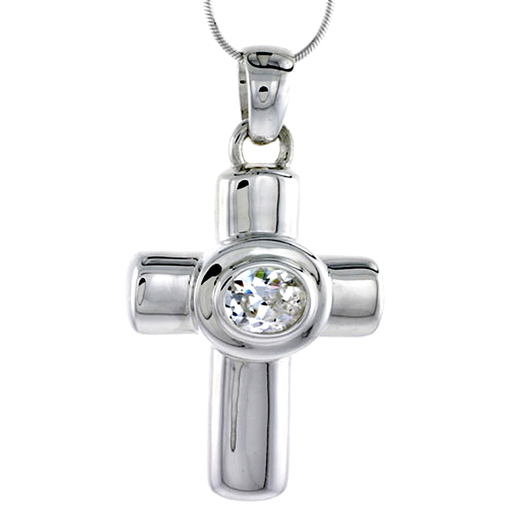 HIGH POLISHED STERLING SILVER 1 3/4" (45 MM) TALL LATIN CROSS PENDANT, W/ 10X8MM OVAL CUT CZ STONE, W/ 18" THIN BOX CHAIN
