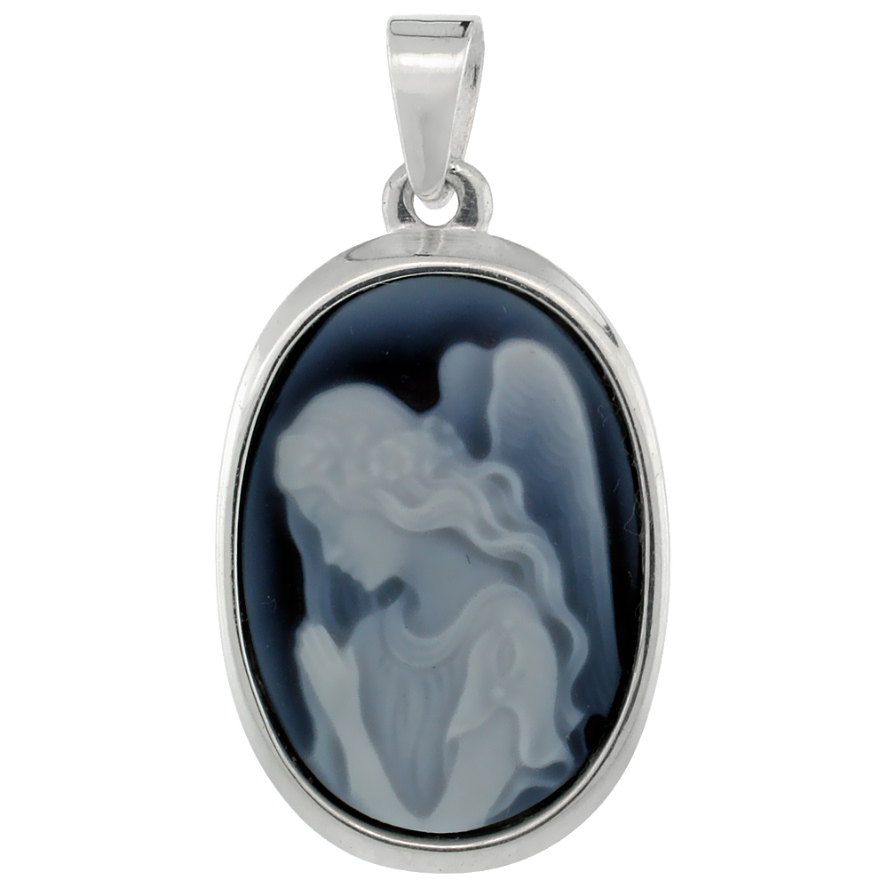 STERLING SILVER NATURAL BLUE AGATE CAMEO PRAYING ANGEL PENDANT 18X13MM