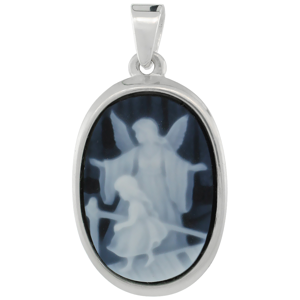 STERLING SILVER NATURAL BLUE AGATE CAMEO GUARDIAN ANGEL W/ LITTLE GIRL PENDANT 18X13MM