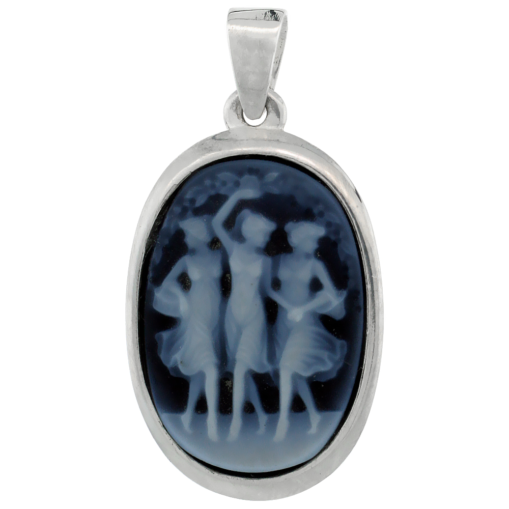 STERLING SILVER NATURAL BLUE AGATE CAMEO TRIPLE FAIRY PENDANT 18X13MM