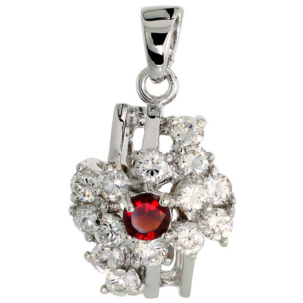 STERLING SILVER GARNET CUBIC ZIRCONIA COCKTAIL PENDANT RHODIUM FINISH, 1/2 INCH LONG