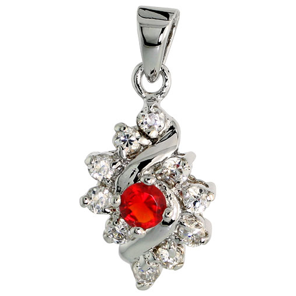 STERLING SILVER GARNET CUBIC ZIRCONIA PENDANT DIAMOND SHAPE RHODIUM FINISH, 1/2 INCH LONG