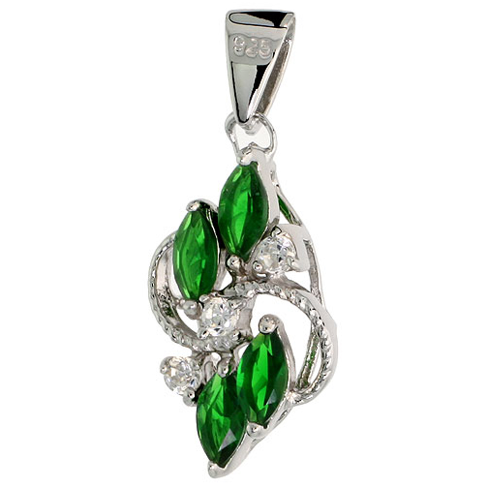 STERLING SILVER EMERALD CUBIC ZIRCONIA 4-STONE PENDANT NAVETTE SHAPE RHODIUM FINISH, 3/4 INCH LONG