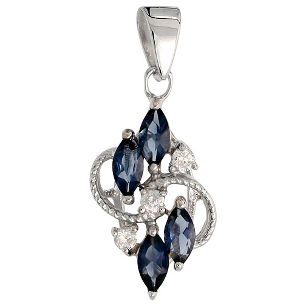 STERLING SILVER BLUE SAPPHIRE CUBIC ZIRCONIA 4-STONE PENDANT NAVETTE SHAPE RHODIUM FINISH, 3/4 INCH LONG