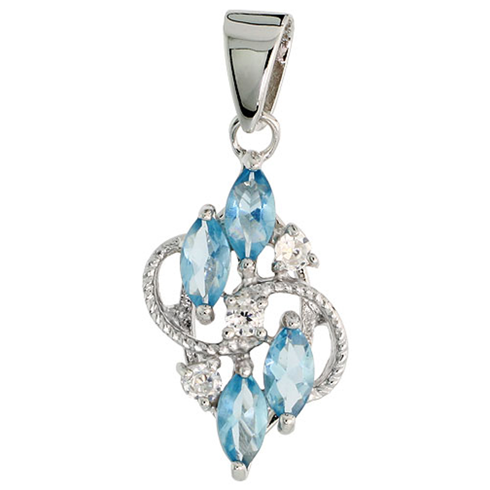 STERLING SILVER BLUE TOPAZ CUBIC ZIRCONIA 4-STONE PENDANT NAVETTE SHAPE RHODIUM FINISH, 3/4 INCH LONG