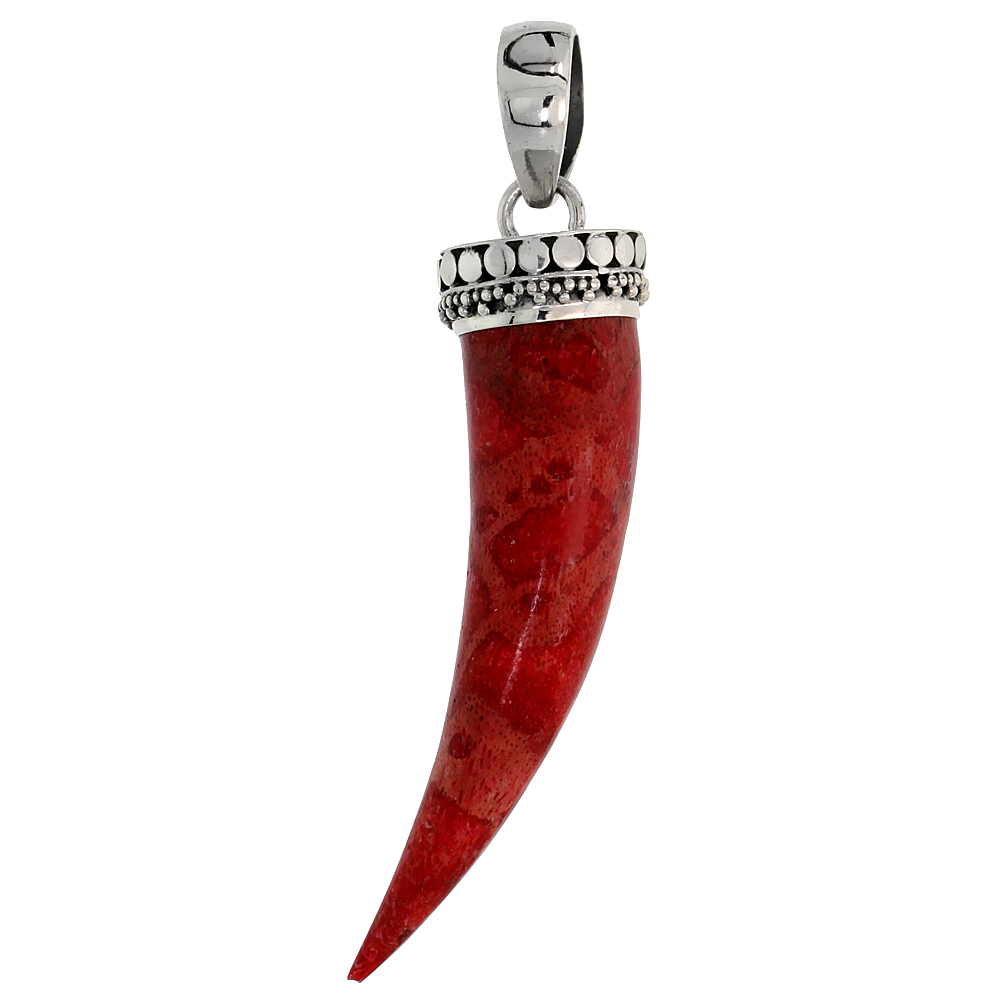 STERLING SILVER NATURAL CORAL TIGER TOOTH PENDANT 2 INCHES WIDE