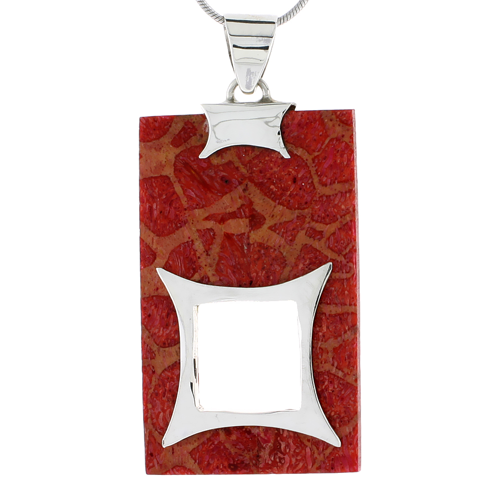STERLING SILVER NATURAL CORAL RECTANGULAR PENDANT 1 9/16 INCHES WIDE