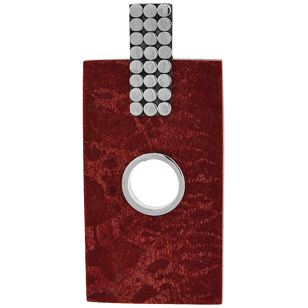 STERLING SILVER NATURAL CORAL RECTANGULAR PENDANT 1 1/4 INCHES WIDE