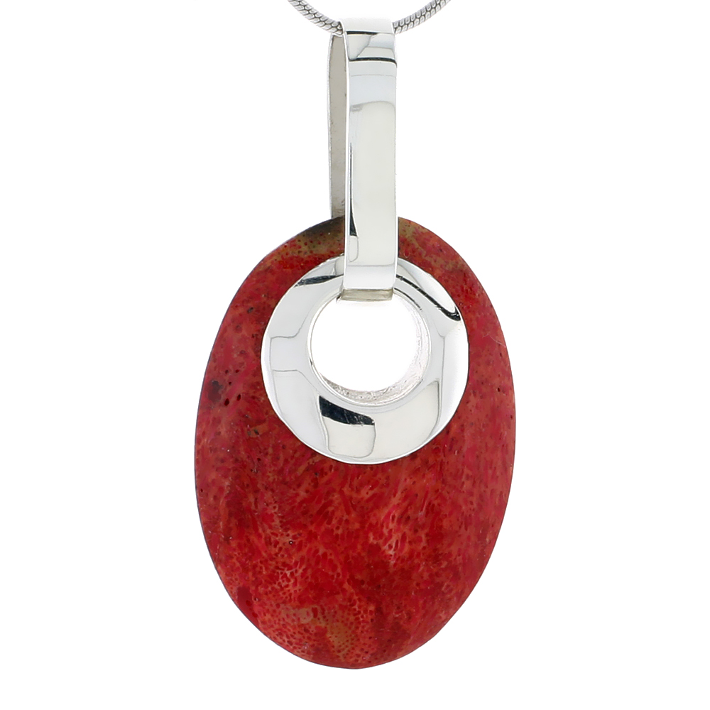 STERLING SILVER NATURAL CORAL OVAL SHAPE PENDANT 1 3/16 INCHES WIDE