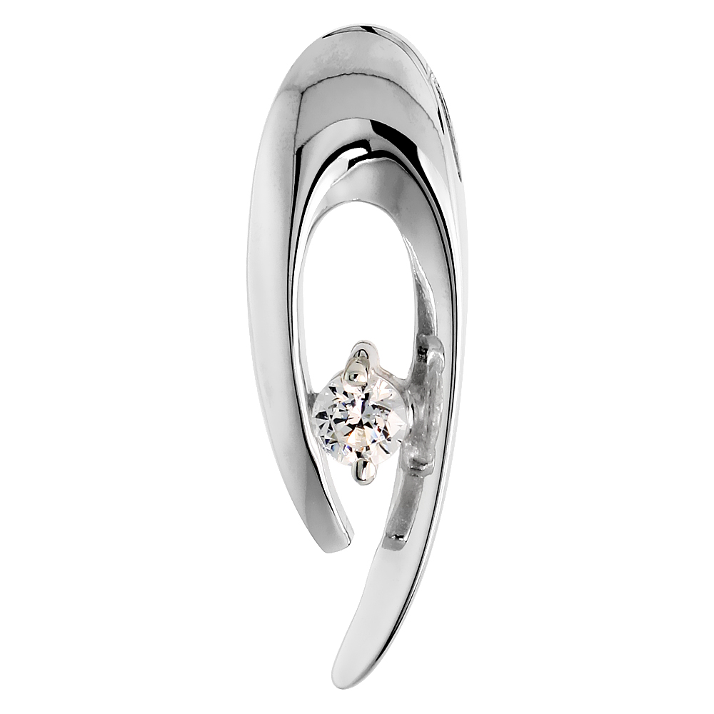 HIGH POLISHED OVAL-SHAPED PENDANT IN STERLING SILVER W/ 3MM BRILLIANT CUT CZ STONE, 1" (25 MM) TALL