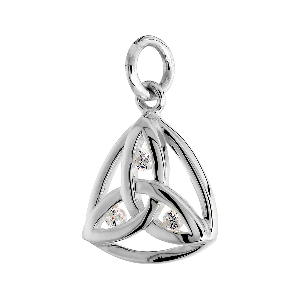 HIGH POLISHED TRINITY PENDANT IN STERLING SILVER W/ 3 BRILLIANT CUT CZ STONES, 5/8" (15 MM) TALL