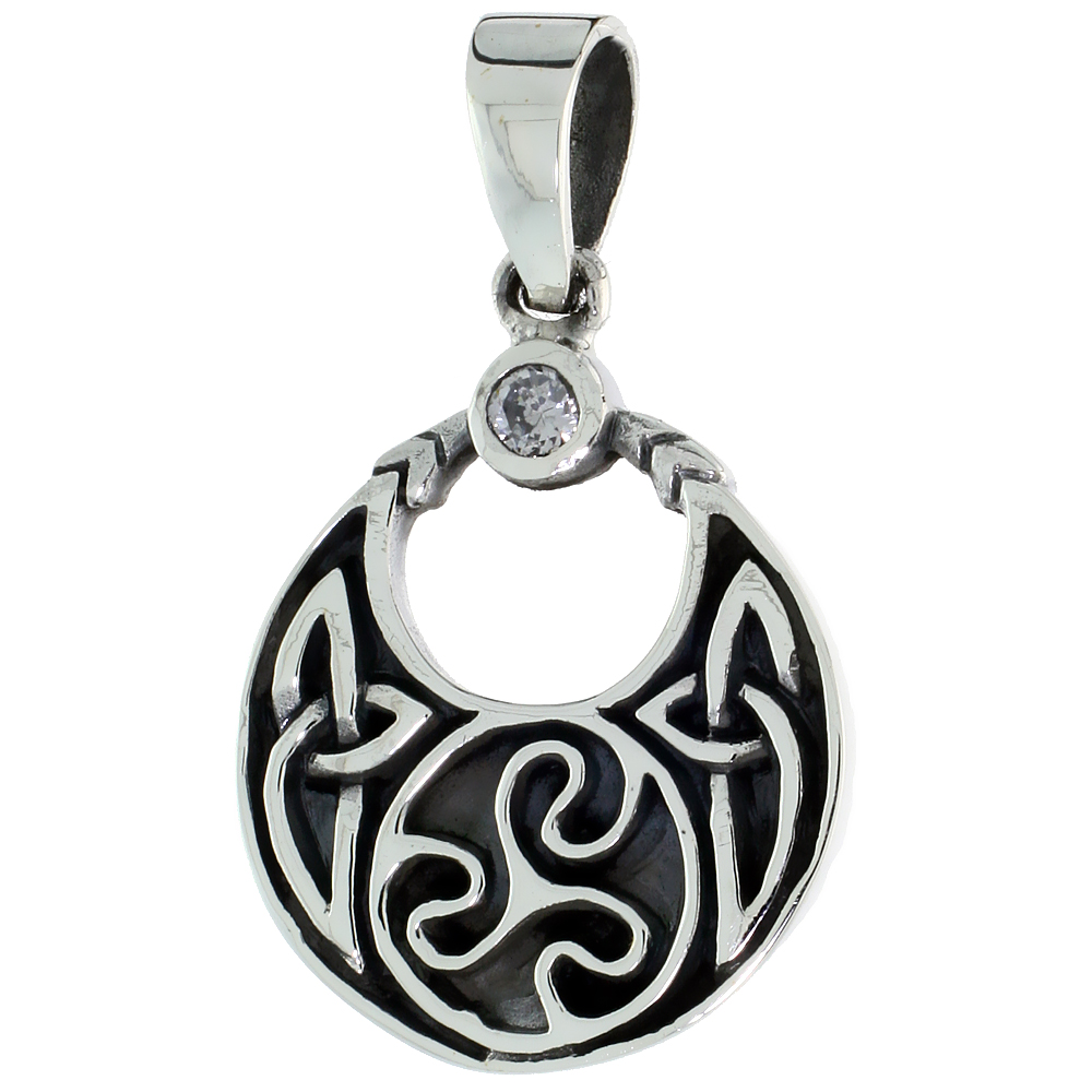 STERLING SILVER CELTIC MOON NECKLACE WHITE CZ SPIRAL TRISKELE, 1 INCH TALL