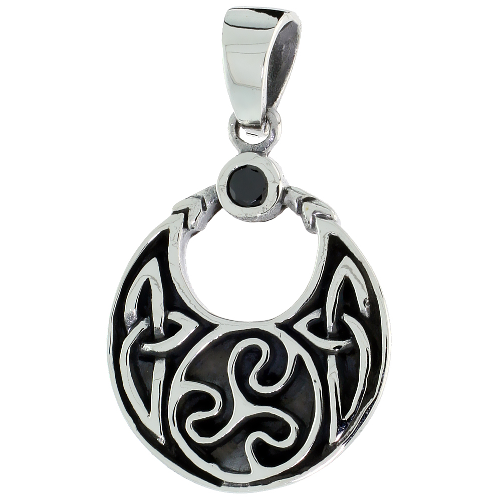 STERLING SILVER CELTIC MOON NECKLACE BLACK CZ SPIRAL TRISKELE, 1 INCH TALL