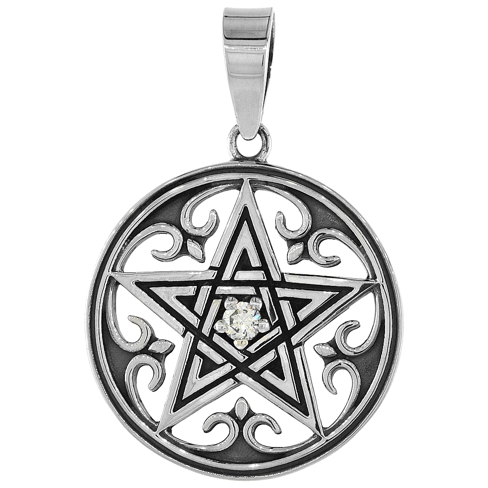STERLING SILVER FLEUR DE LIS PENTAGRAM NECKLACE WHITE CZ, 1 1/8 INCH TALL
