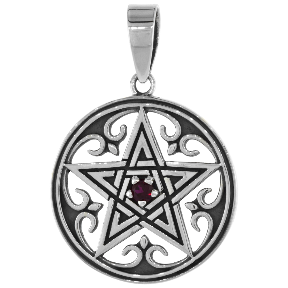 STERLING SILVER FLEUR DE LIS PENTAGRAM NECKLACE RED CZ, 1 1/8 INCH TALL