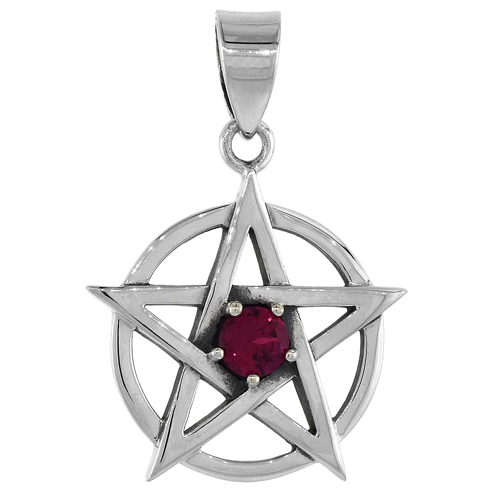 STERLING SILVER PENTAGRAM NECKLACE RED CZ, 3/4 INCH TALL