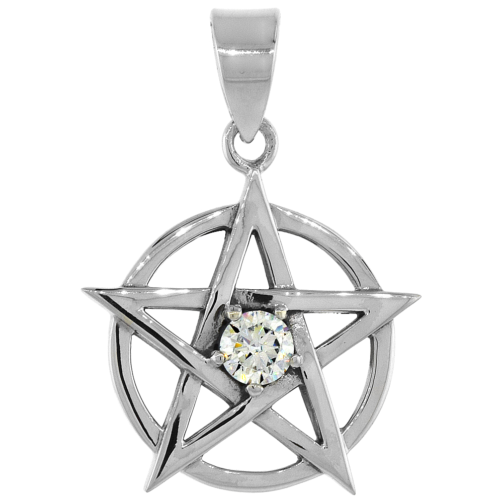 STERLING SILVER PENTAGRAM NECKLACE CLEAR CZ, 3/4 INCH TALL