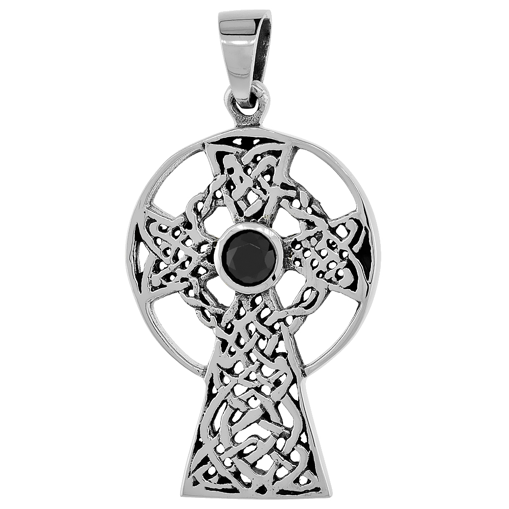 STERLING SILVER CELTIC CROSS NECKLACE BLACK CZ, 1 1/4 INCH TALL