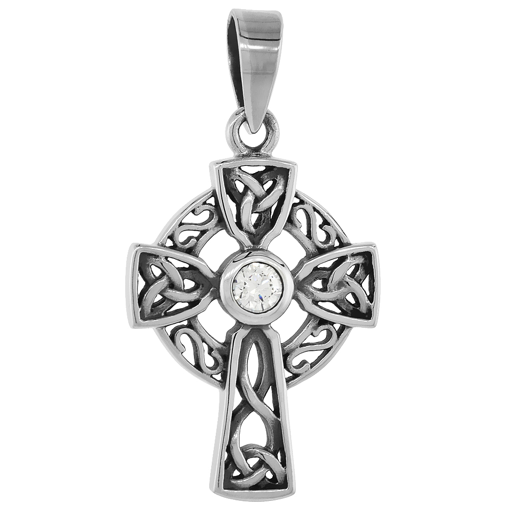STERLING SILVER TRINITY CELTIC CROSS NECKLACE CLEAR CZ, 1 1/8 INCH TALL
