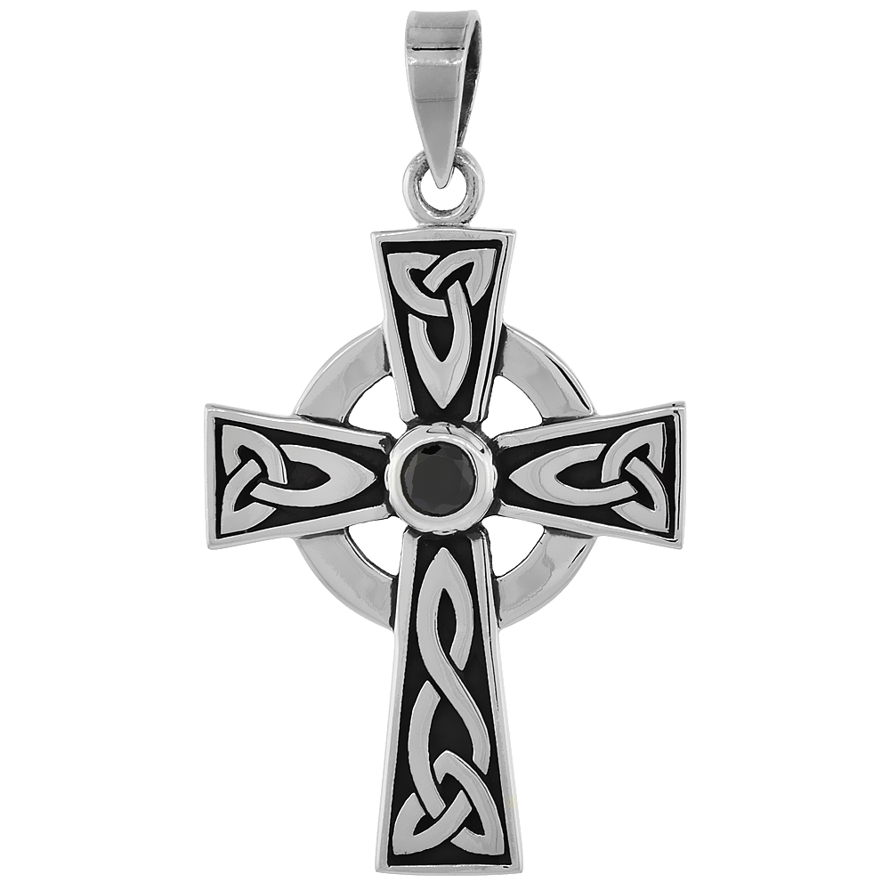 STERLING SILVER CELTIC CROSS NECKLACE TRINITY MOTIFS BLACK CZ, 1 1/2 INCH TALL