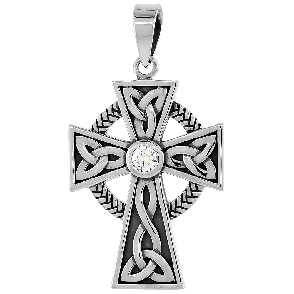 STERLING SILVER TRINITY CELTIC CROSS NECKLACE WITH TRIQUETRAS CLEAR CZ, 1 1/4 INCH TALL