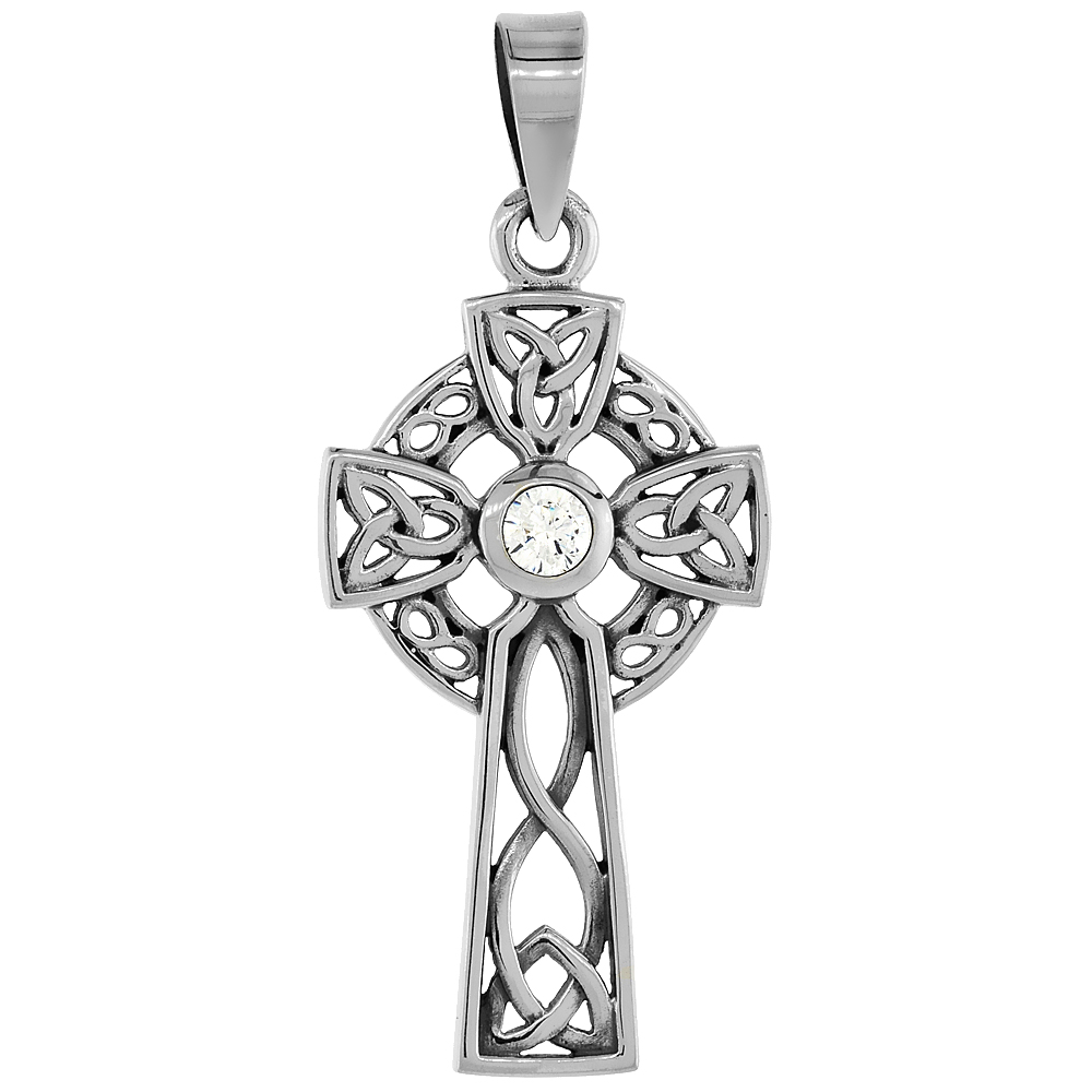 STERLING SILVER CELTIC CROSS NECKLACE WITH TRIQUETRAS CLEAR CZ, 1 3/8 INCH TALL