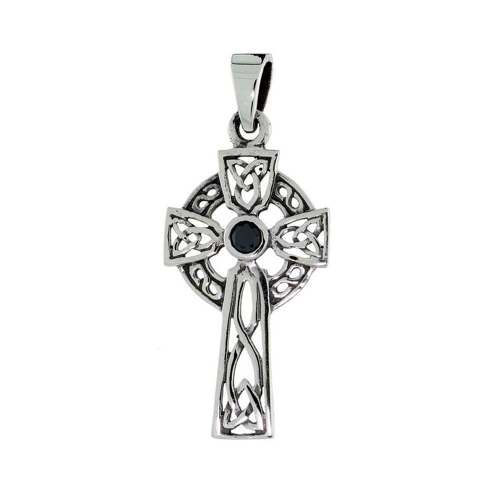STERLING SILVER CELTIC CROSS NECKLACE WITH TRIQUETRAS BLACK CZ, 1 3/8 INCH TALL