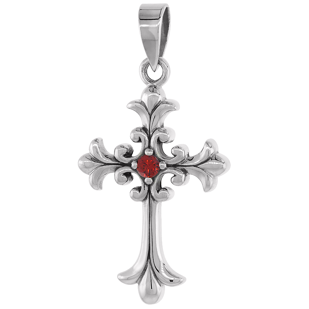 STERLING SILVER FLEUR DE LIS CROSS NECKLACE RED CZ, 1 3/16 INCH TALL