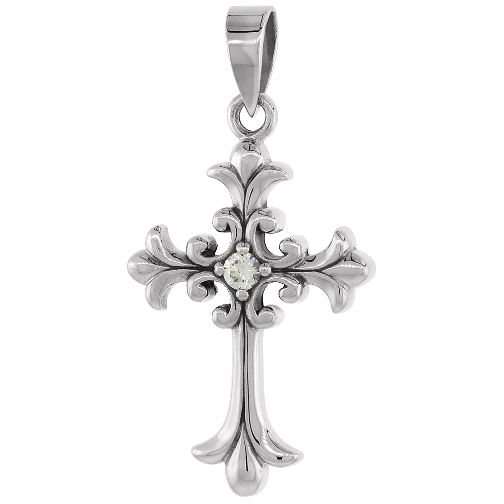 STERLING SILVER FLEUR DE LIS CROSS NECKLACE CLEAR CZ, 1 3/16 INCH TALL