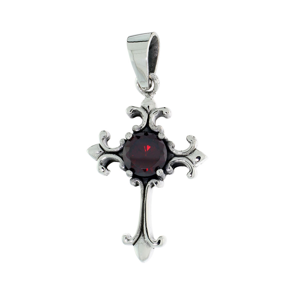 STERLING SILVER NATIVITY CROSS NECKLACE W/ LARGE RED CZ, 1 1/16 INCH TALL