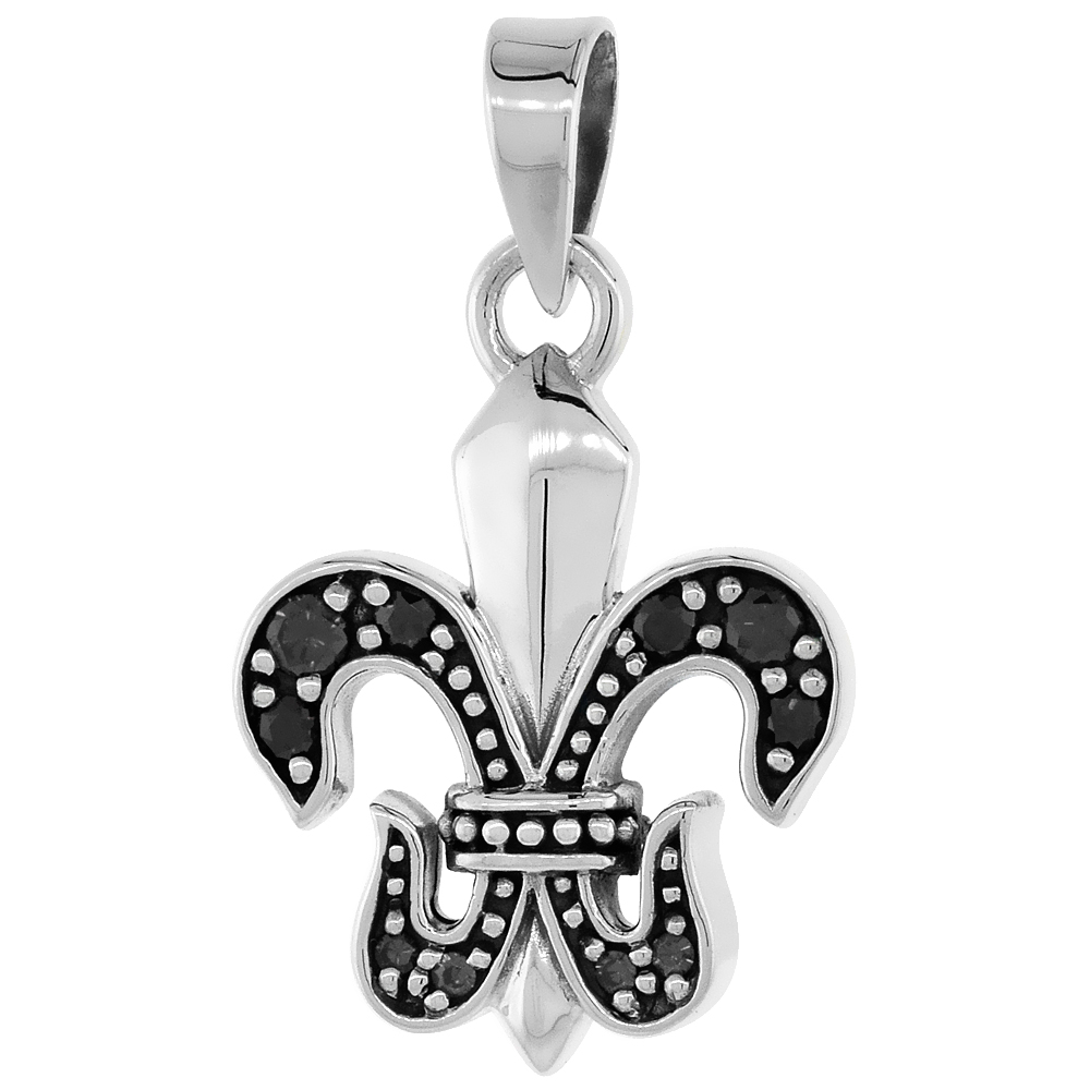 STERLING SILVER FLEUR DE LIS NECKLACE W/ BLACK CZ STONES, 1 INCH TALL