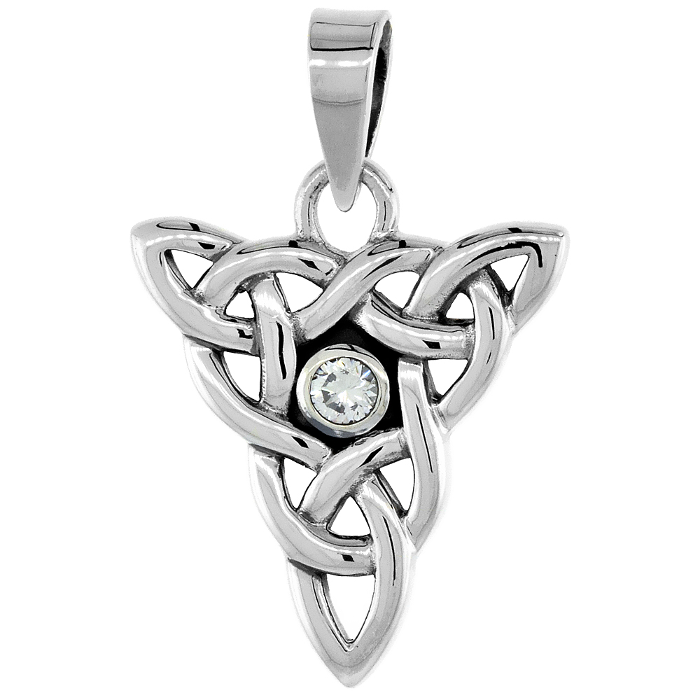 STERLING SILVER TRIQUETRA CELTIC TRINITY KNOT NECKLACE CLEAR CZ, 1 INCH TALL