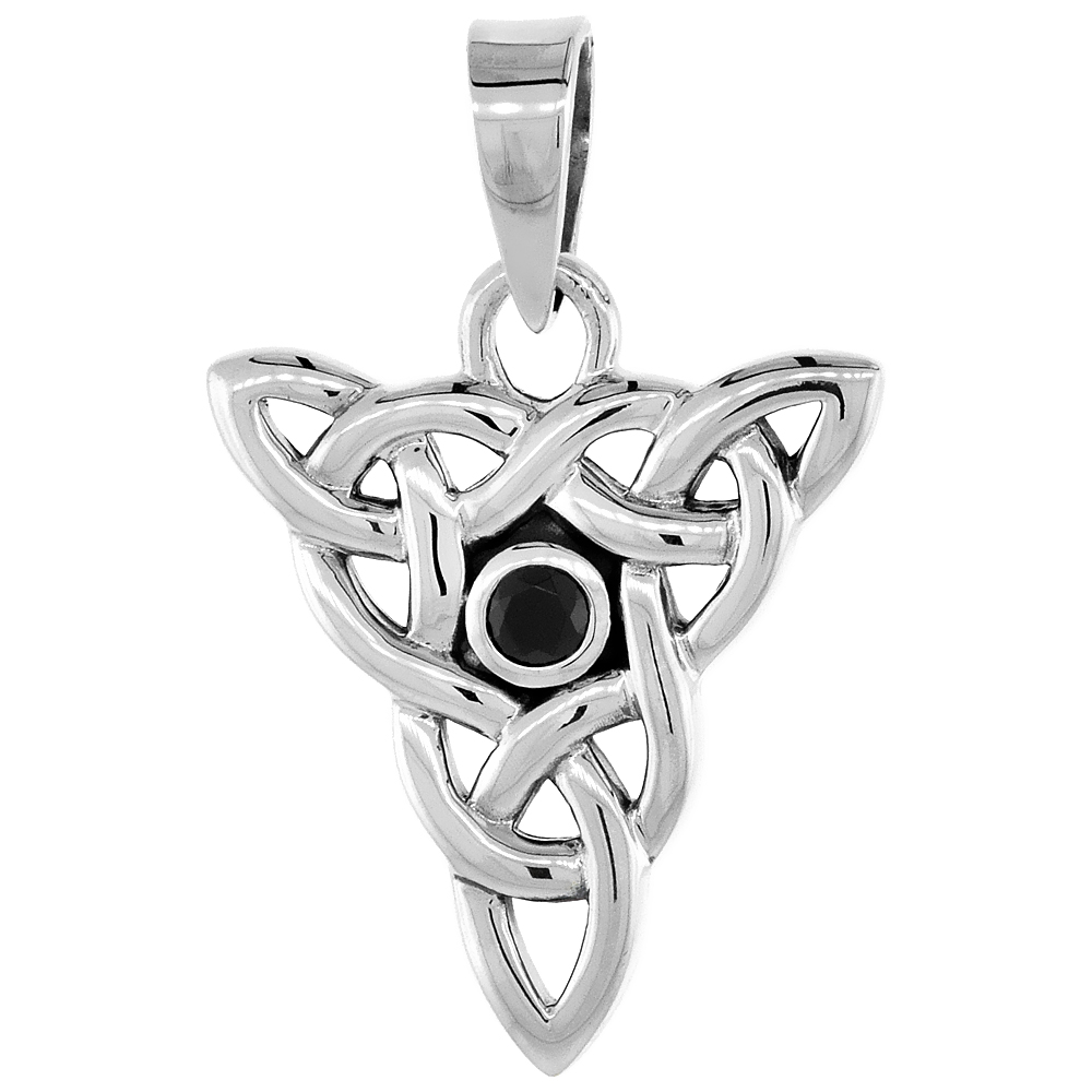 STERLING SILVER TRIQUETRA CELTIC TRINITY KNOT NECKLACE BLACK CZ, 1 INCH TALL