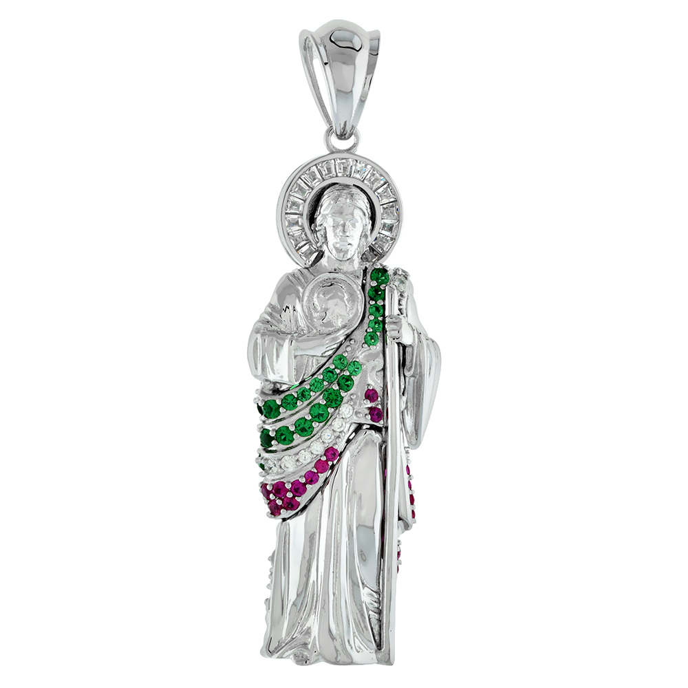 2.5 INCH STERLING SILVER GREEN WHITE RED CUBIC ZIRCONIA ST JUDE PENDANT FOR MEN 3-D RHODIUM FINISH