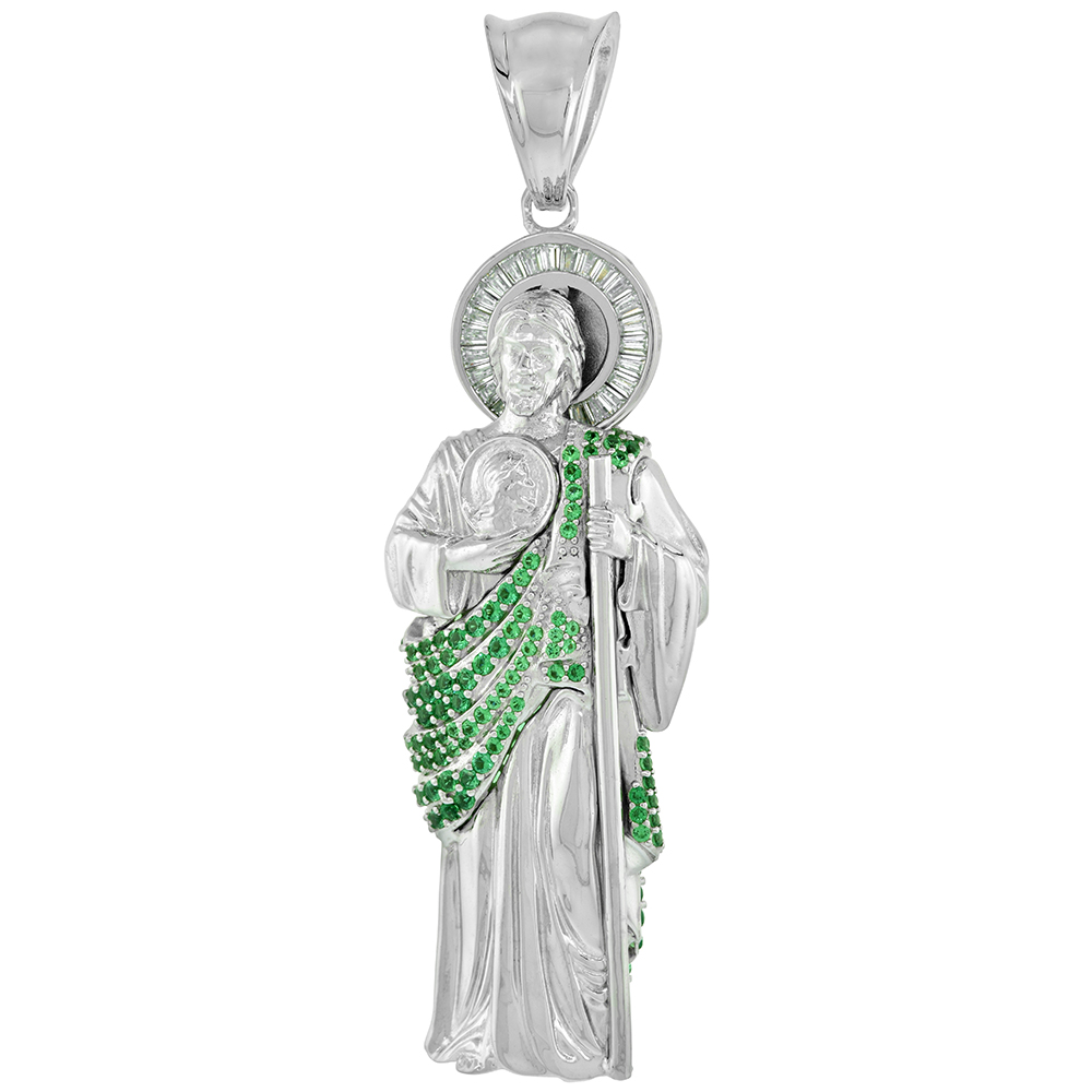 3 INCH LARGE STERLING SILVER GREEN & WHITE CUBIC ZIRCONIA ST JUDE PENDANT FOR MEN 3-D RHODIUM FINISH