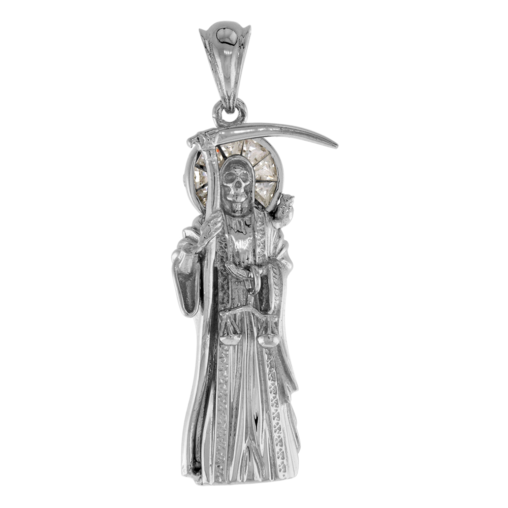 1.5 INCH STERLING SILVER CUBIC ZIRCONIA SANTA MUERTE PENDANT FOR MEN SCYTHE SCALES RHODIUM FINISH