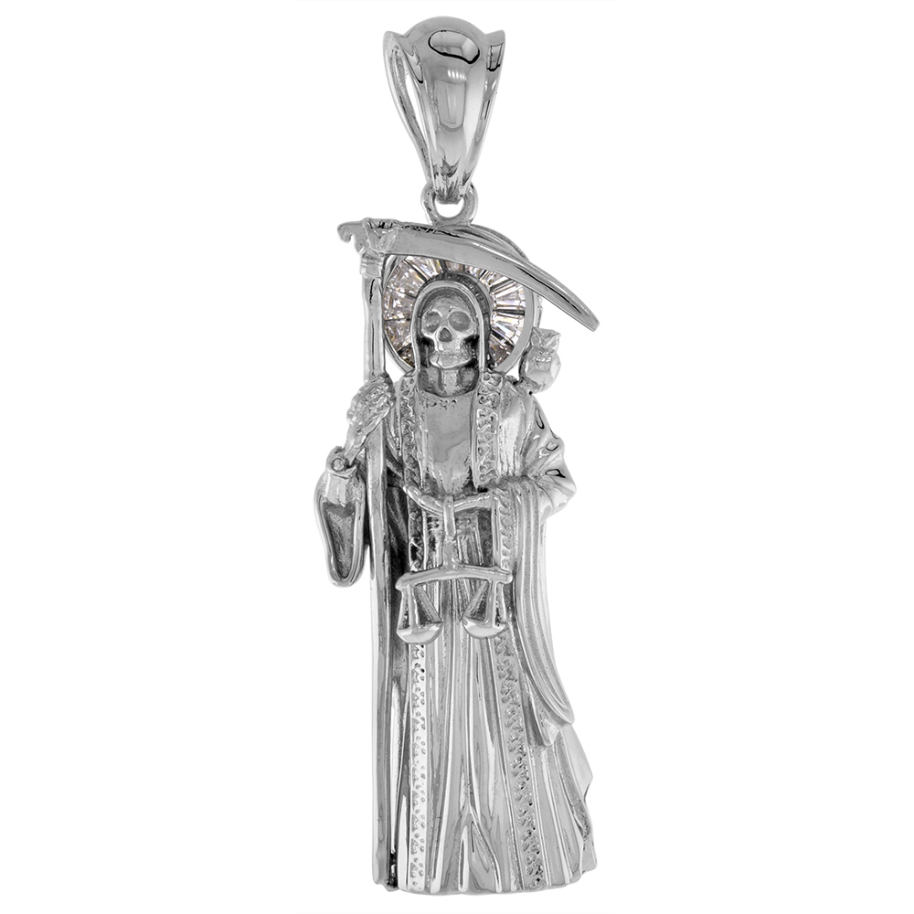 2 INCH STERLING SILVER CUBIC ZIRCONIA SANTA MUERTE PENDANT FOR MEN SCYTHE SCALES RHODIUM FINISH