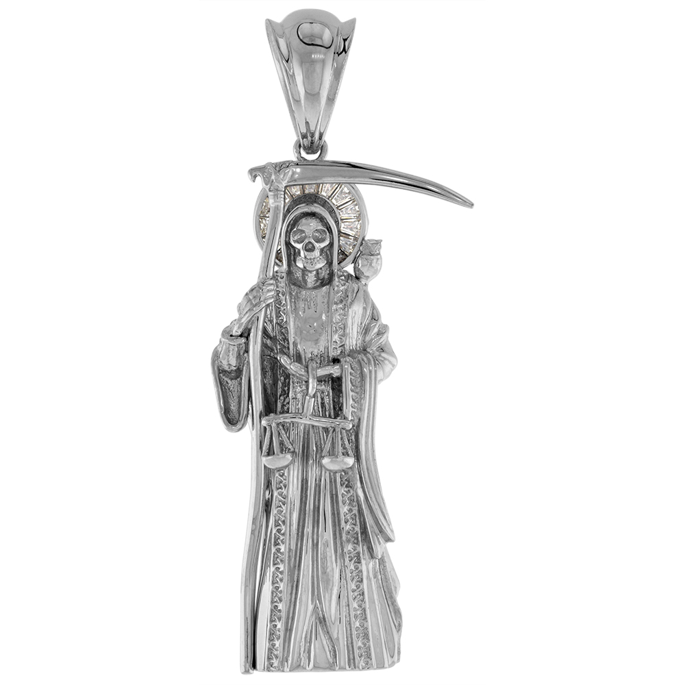 2.5 INCH STERLING SILVER CUBIC ZIRCONIA SANTA MUERTE PENDANT FOR MEN SCYTHE SCALES RHODIUM FINISH